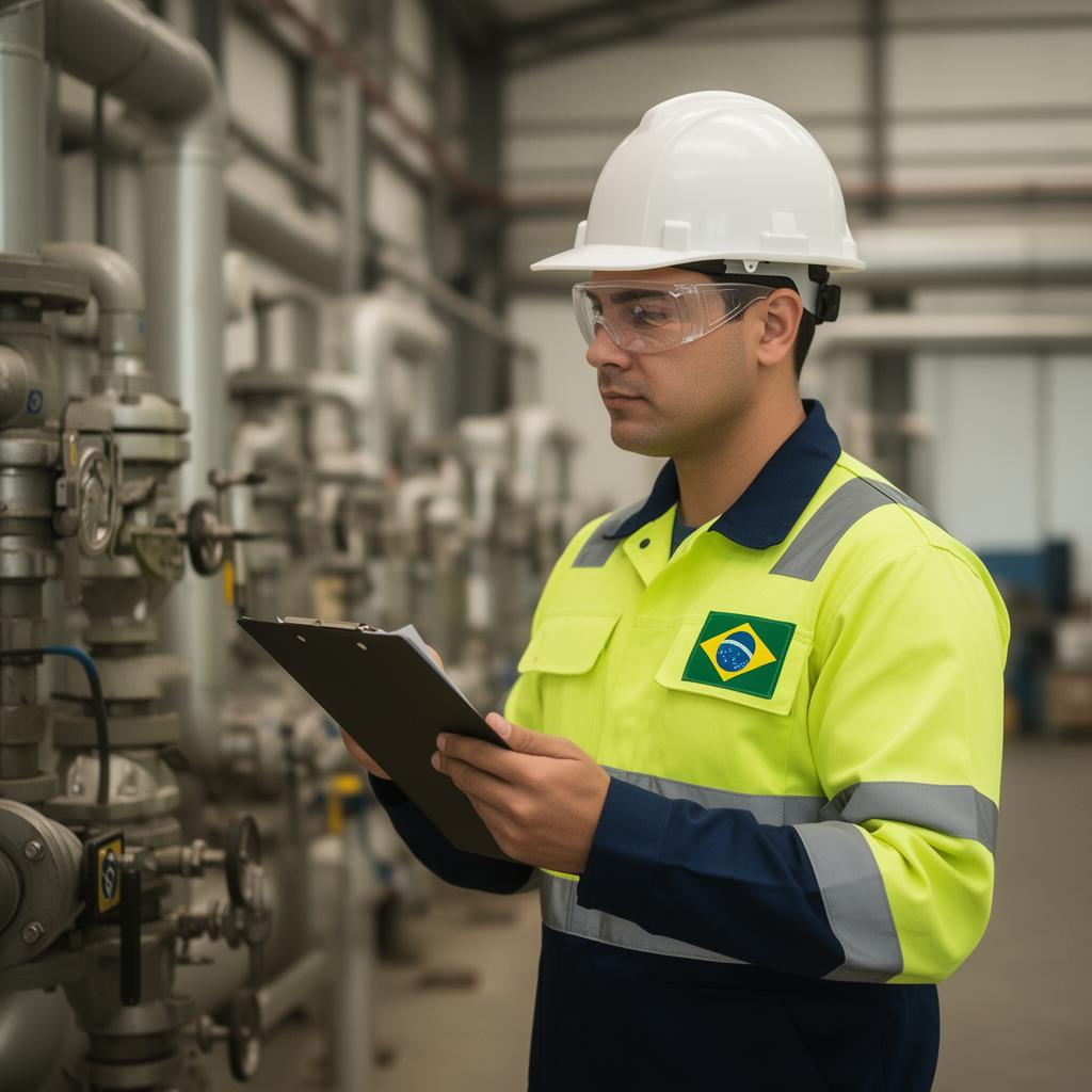 Técnico de segurança inspecionando equipamentos em ambiente industrial