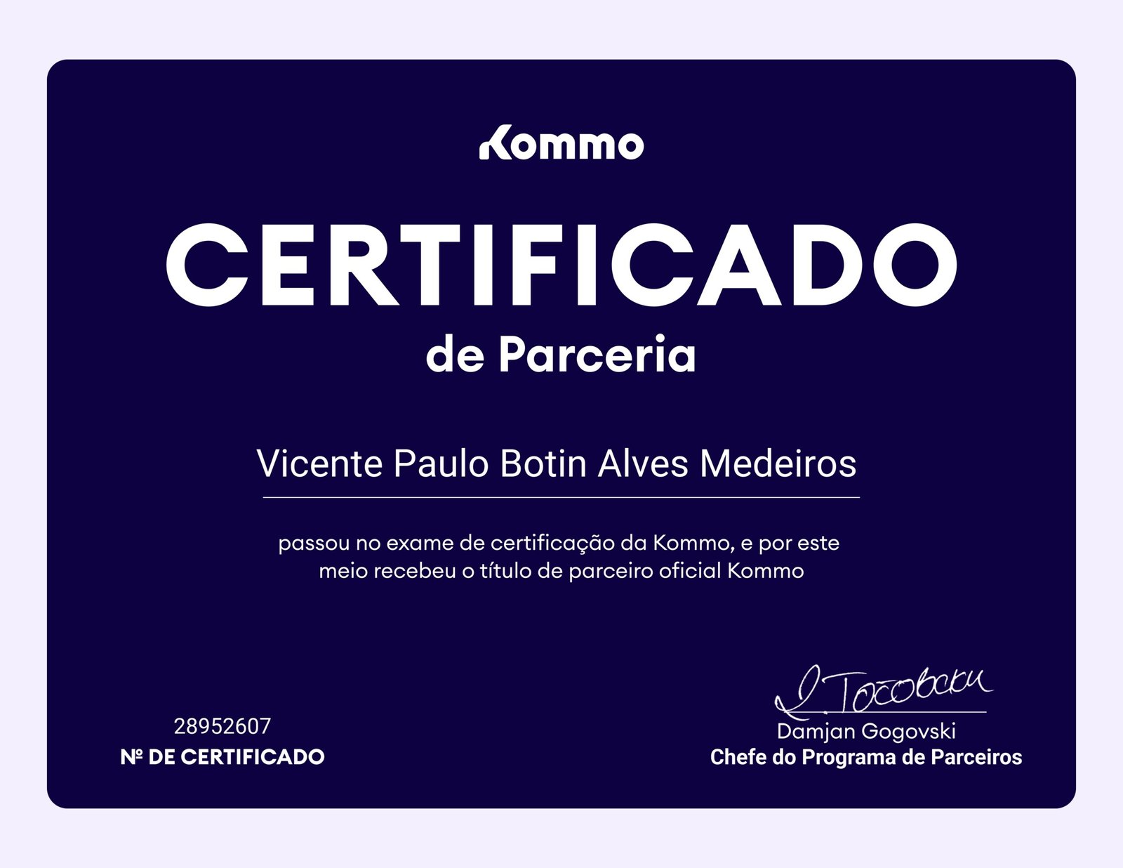 certificado vicente medeiros kommo partener